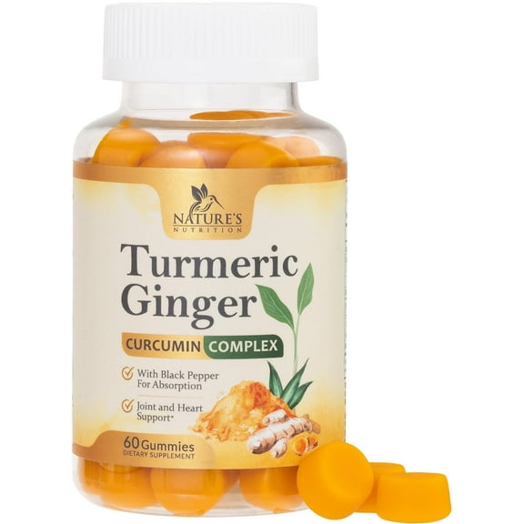 Turmeric Curcumin Supplement Gummies - 95% Curcuminoids with Turmeric & Ginger, Black Pepper for Best Absorption, Nature's Vegan Joint Support, Non-GMO, Gluten Free, Tasty Peach Flavor - 60 Gummies