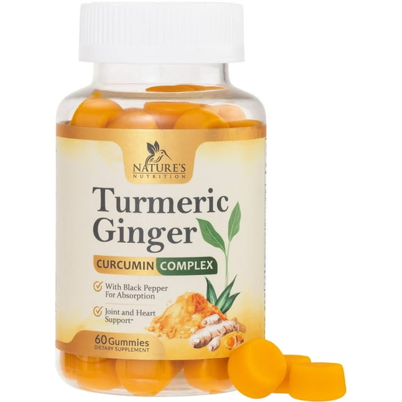 Turmeric Curcumin Supplement Gummies - 95% Curcuminoids with Turmeric & Ginger, Black Pepper for Best Absorption, Nature's Vegan Joint Support, Non-GMO, Gluten Free, Tasty Peach Flavor - 60 Gummies