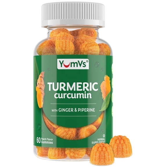 YUM-Vs Turmeric Curcumin Gummies with Ginger & Piperine, Joint Health Support, Peach Flavor, 60 Count