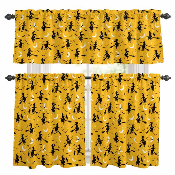 Turmeric Halloween Kitchen Curtains Sets for Windows 36 Inch Length, Flying Witch Bats Moon Rod Pocket Window Treatments Tier Curtains and Valances Set for Bedroom/Bathroom