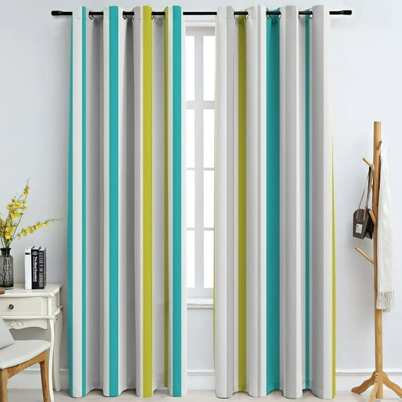 Turmeric Indigo White Stripes Blackout Curtains For Children, Modern Lines Window Shades, Energy Saving Thermal Room Darkening Window Drapes For Teen Games Room 52"W x 84"L (Pack of 2)