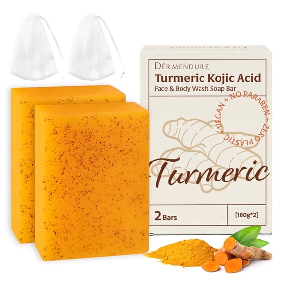Dermendure Turmeric Kojic Acid Soap Hand-made Soap, Face & Body Soap Bar, Turmeric Soap, Face Wash, Skin Brightening, Even Tone, Vitamin C, Retinol, Vitamin E, Shea Butter 2 Bars