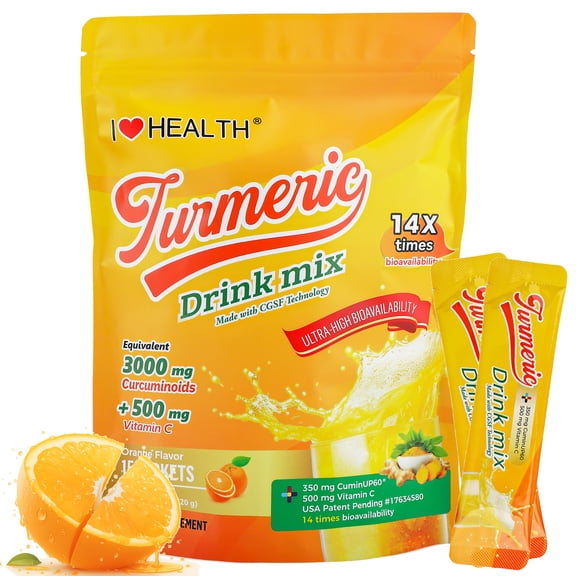 Turmeric Shots Drink Mix, 14X Bioavailable CuminUP60 with Vitamin C, Superfood Juice Powder for Immunity & Digestion Support, 15 Servings