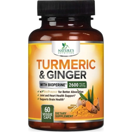 Turmeric Curcumin Supplement 2600mg with Organic Turmeric & Ginger - 95% Curcuminoids & BioPerine Black Pepper Extract for Best Absorption - Natural Vegan Joint Support, Bottled in USA - 60 Capsules