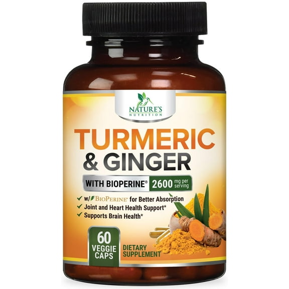 Turmeric Curcumin Supplement 2600mg - with Organic Ginger & Turmeric, BioPerine Black Pepper Extract 95% Curcuminoids - Advanced Absorption Joint & Antioxidant Extra Strength Support - 60 Capsules
