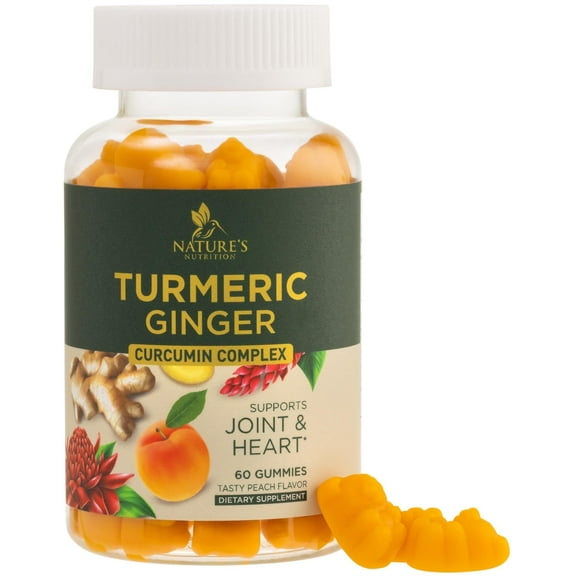 Turmeric Curcumin Supplement Gummies - 95% Curcuminoids with Turmeric & Ginger, Black Pepper for Best Absorption, Nature's Vegan Joint Support, Non-GMO, Gluten Free, Tasty Peach Flavor - 60 Gummies
