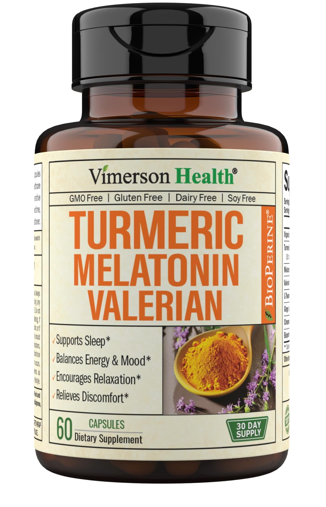 Turmeric Supplement with Melatonin 3mg & Valerian Root Extract. Natural