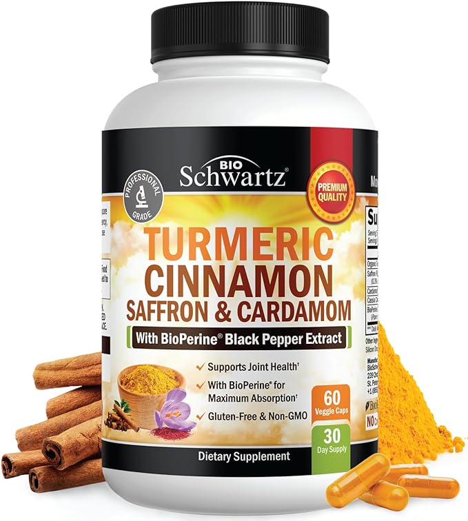 Turmeric Supplement with Saffron, Cinnamon and Cardamom Plus BioPerine Black Pepper Extract for