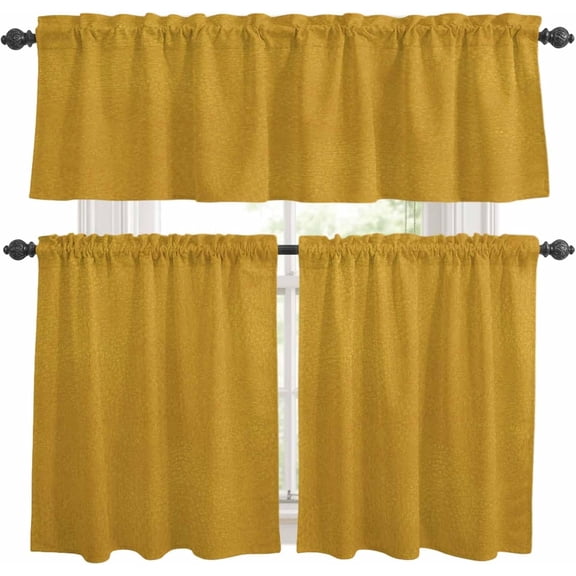 Turmeric Yellow Kitchen Curtains Set, Tier Curtain 24 Inches Length, Retro Fall Rustic Simple Solid Color Window Treatment Valance and Tiers Set Decor for Living Room/Bedroom