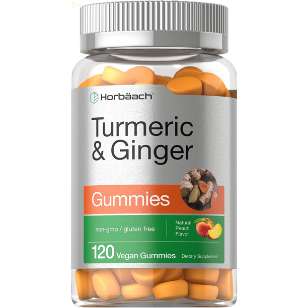 Turmeric and Ginger Gummies 120 Count Peach Flavor Vegan NonGmo & Gluten Free Supplement