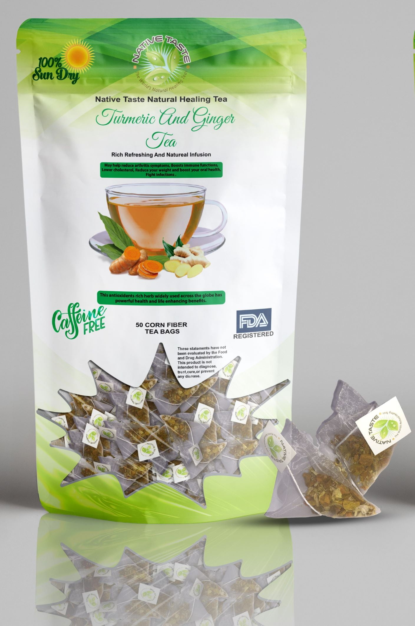 Turmeric and Ginger Tea 50 Pyramid Corn Fiber Teabags100% Sun Dry Cut and Sift Tea Leaves in Pyramid Teabags100 percent Natural Taste!