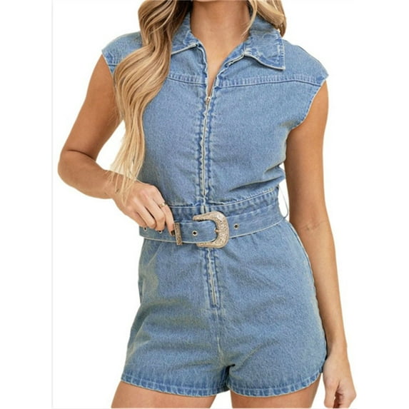 Turn-Down Collar Women Short Sleeved Short Denim Jumpsuit With Belt