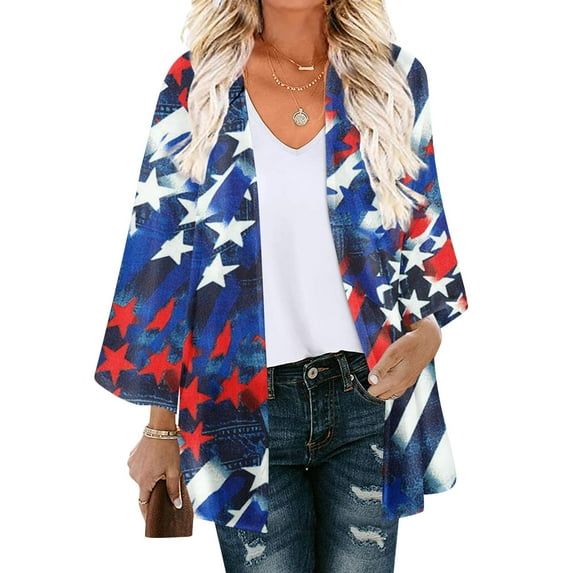 Turn Head All Fall,AXXD Casual Independence Day Loose Printed Sunscreen Chiffon Kimono Cardigan Light Sweaters for Women Summer Clearance Blue Size 8