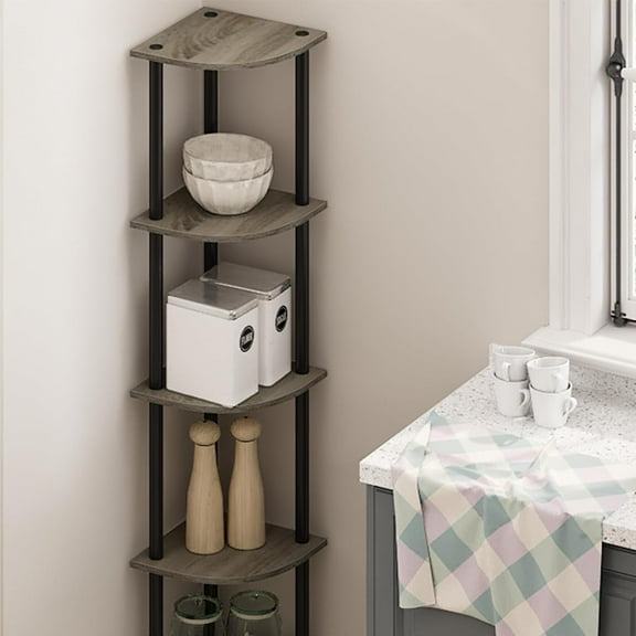 Turn-N-Tube 5 Tier Corner Display Rack, French Oak Grey/Black, Multipurpose Shelving Unit