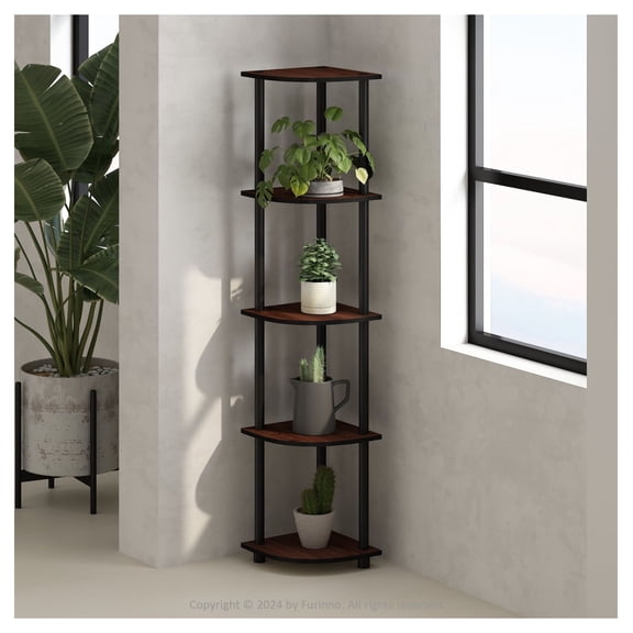 Turn-N-Tube 5 Tier Corner Shelf, Dark Cherry/Black - Multipurpose Display Rack for Living Room, Bedroom, Office - Space Saving Storage Organizer