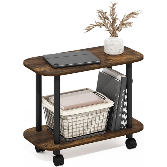 Turn-N-Tube Book Cart, 2-Tier Oval Sofa Side Table with Wheels, Round Corner Night Stand, End Table with Open Shelf, Toolless Assembly, for Living Room, Bedroom, Amber Pine