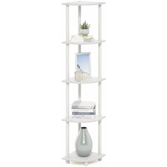 Turn-N-Tube Corner Shelf, 5-Tier Corner Bookshelf, Open Storage Shelves, for Organization and Storage, Living Room, Home Office, Garage, Bedroom, White