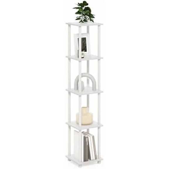 Turn-N-Tube Storage Shelves, 5-Tier Square Book Shelf, Corner Shelf, Toolless Open Shelves, Round Tubes, for Organization and Storage, Living Room, Garage, Home Office, White
