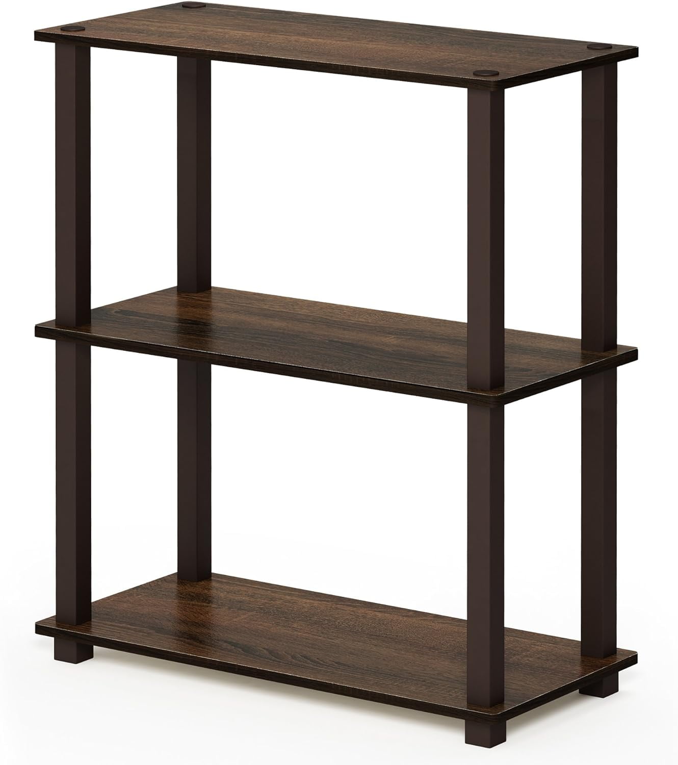 Walnut Brown 3-Tier Rubberwood Bookshelf with Open Back
