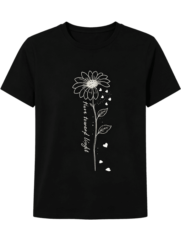 Turn Toward Light Minimal White Line Art Daisy Sunflower Graphic T-Shirt Inspirational Positive Quote Floating Hearts Boho Floral Women Casual Short Sleeve Tee