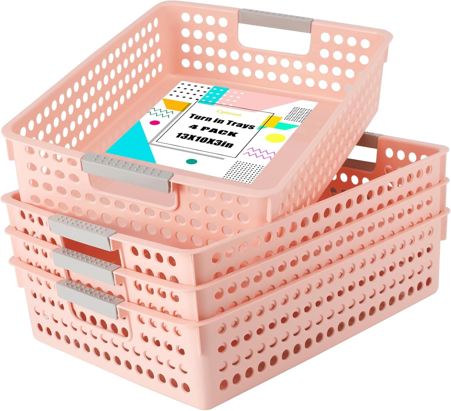 Turn in Trays Classroom,4 Pack Paper Trays for Classroom,Plastic Storage Baskets with Handles,Colorful Classroom Organization and Storage Paper Tray Holds for Drawers, Office, Home (Pink)
