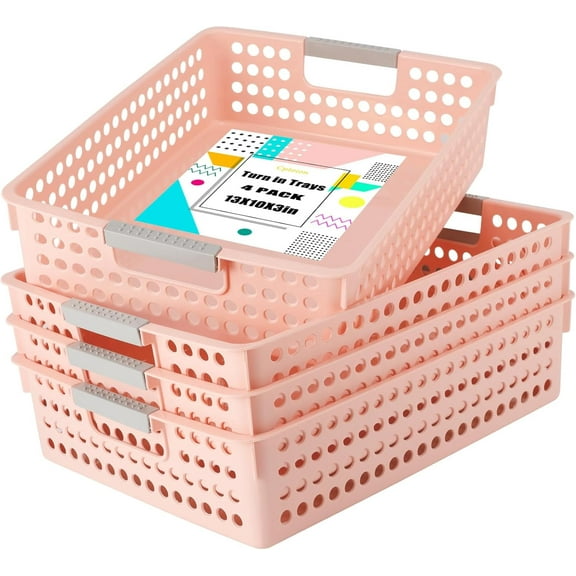 Turn in Trays Classroom,4 Pack Paper Trays for Classroom,Plastic Storage Baskets with Handles,Colorful Classroom Organization and Storage Paper Tray Holds for Drawers, Office, Home (Pink)