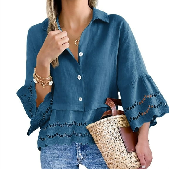 Turn-down Collar Women Casual Lace Hem Button Blouse 3/4 Sleeve Tops