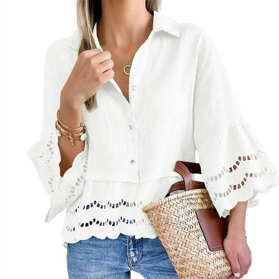 Turn-down Collar Women Casual Lace Hem Button Blouse 3/4 Sleeve Tops