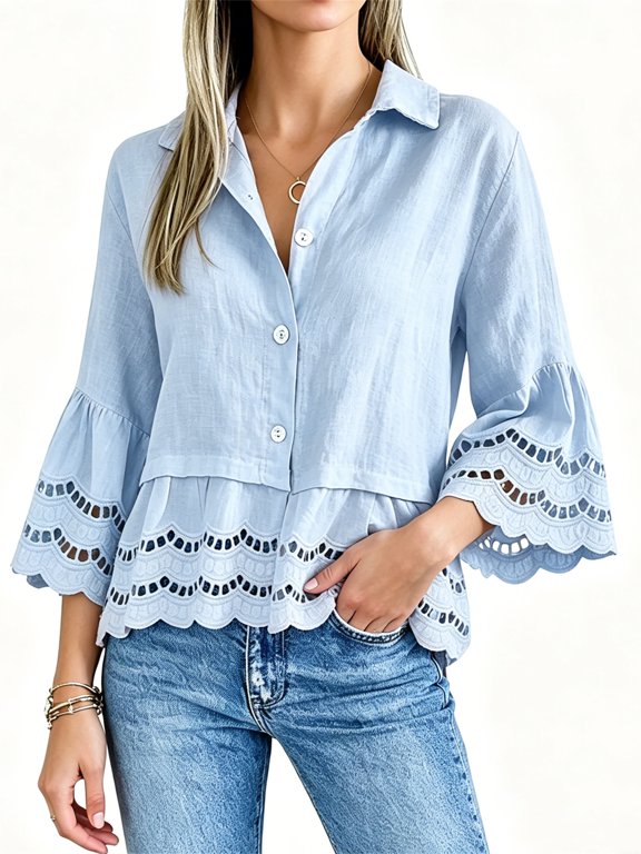 Turn-down Collar Women Casual Lace Hem Button Blouse 3/4 Sleeve Tops