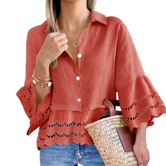 Turn-down Collar Women Casual Lace Hem Button Blouse 3/4 Sleeve Tops