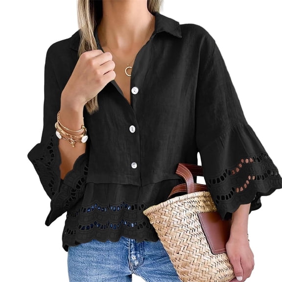 Turn-down Collar Women Casual Lace Hem Button Blouse 3/4 Sleeve Tops