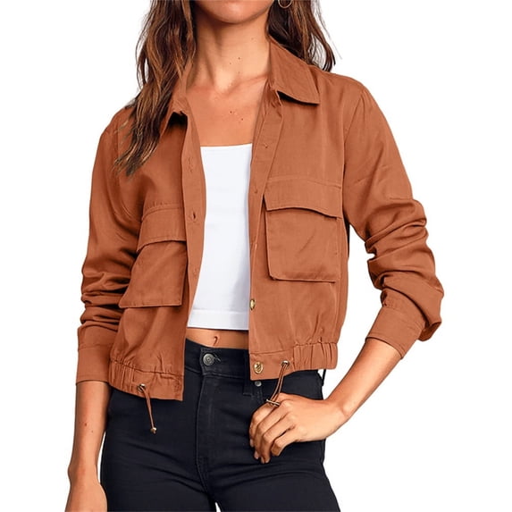 Turn0Down Collar Women Long Sleeve Casual Button Crop Jacket Drawstring Short Coat