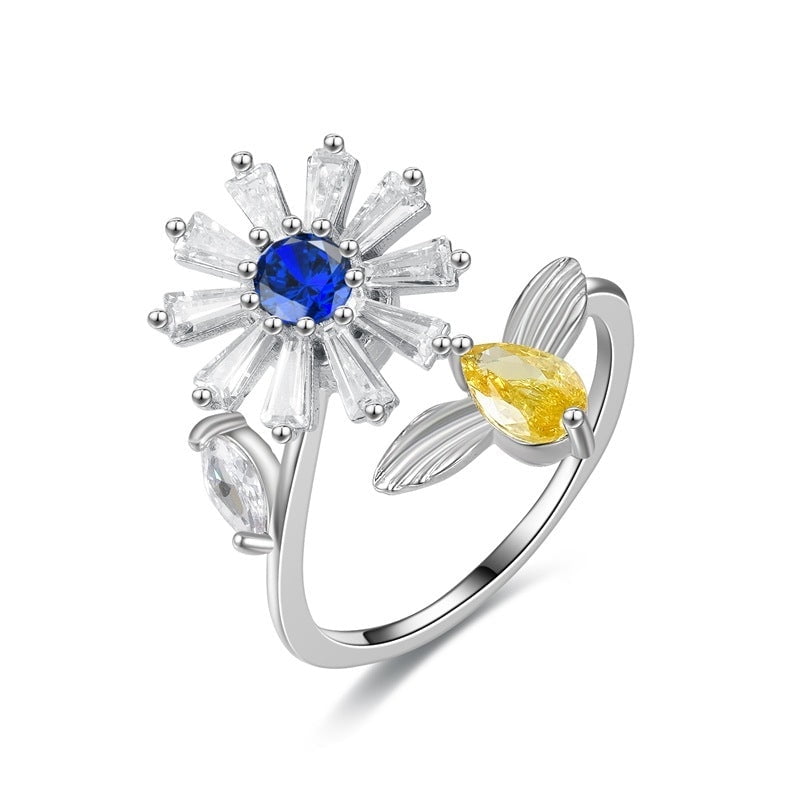 Turnable Floral Eye Anxiety Ring For Women Fidget Spinner Jewelry Copper Diamond Inlay Fashion Accessory For Everyday