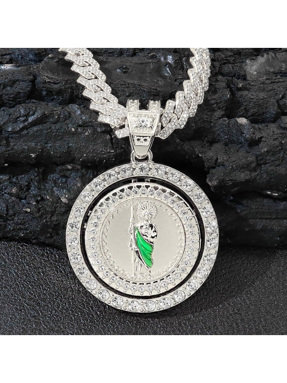 Turnable St. Jude Dado Spinning Pendant, Iced St. Jude Necklace Cuban Chain, Religious Symbol Jewelry Gift for Men Women