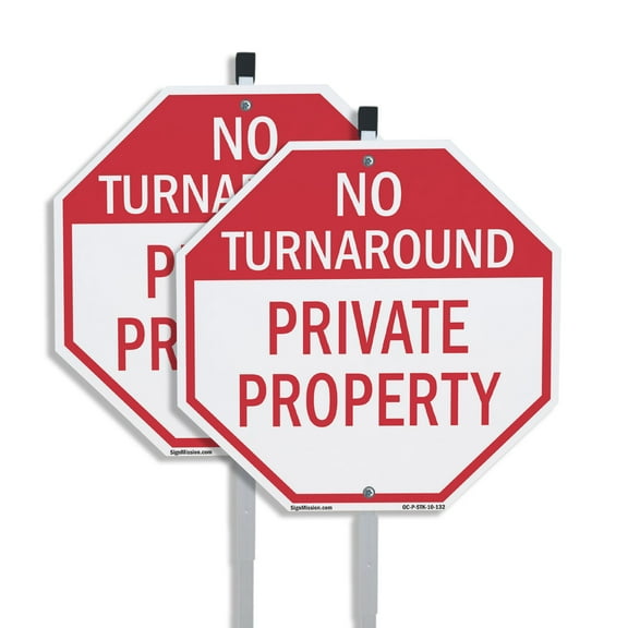 No Turnaround Private Property (2 Pack) 10 inch X 10 inch Octagon Aluminum Metal Signs with Aluminum Mounting Stakes Weather Resistant UV Protected for Workplace Private Property and