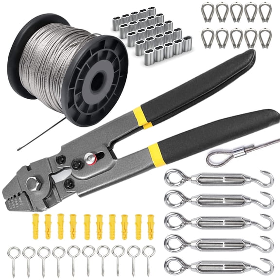 Turnbuckle Kit & Wire Rope Crimping Tool, 100ft Vinyl Coated Aircraft Cable (1/16 Inch Overmolded to 5/64 Inch) - Guy Wire Tensioner for Garden String Light, Picture, Clothes Hanging