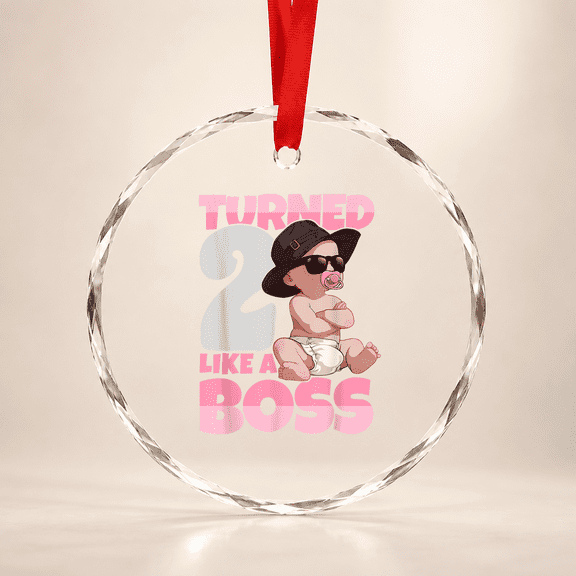 Turned 2 Years Like A Boss 2Nd Birthday Baby Boy Girl Kids Glass Ornament