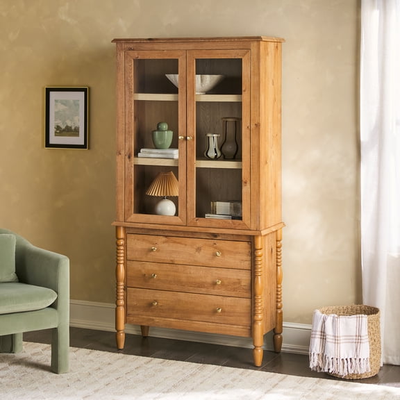 Turned Wood Spindle Glass Cabinet Bookcase with Drawer Storage, English Oak