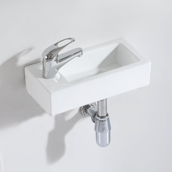 Turner 14" x 7" White Ceramic Rectangular Wall Mount/Vessel Sink, Small Bathroom Sink, Left Handed Faucet Hole