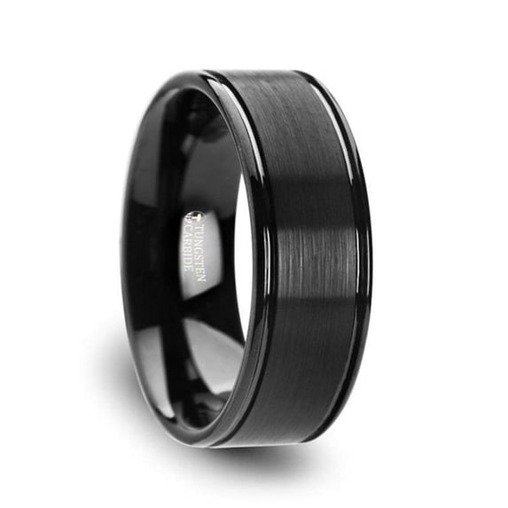 Turner Flat Brushed Finish Center Black Tungsten Carbide Wedding Band With Dual Offset Grooves And Polished Edges