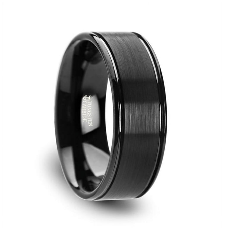 Thorsten TURNER Flat Brushed Finish Center Black Tungsten Carbide Wedding Band with Dual Offset Grooves and Polished Edges - 6mm & 8mm Thorsten TURNER Flat Brushed Finish Center Black Tungsten Carbide Wedding Band with Dual Offset Grooves and Polished Edges - 6mm & 8mm