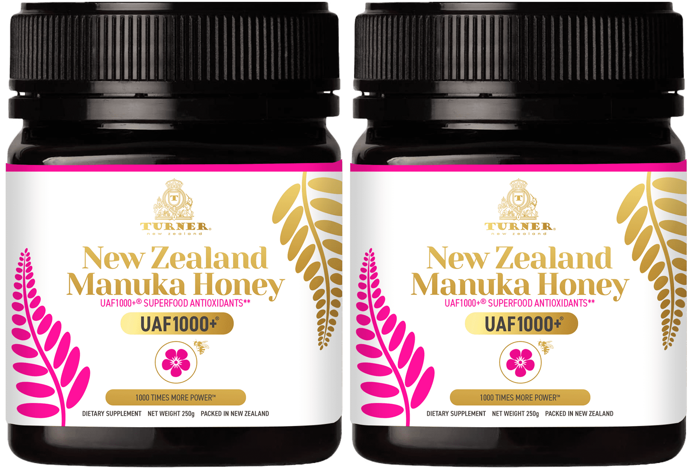 TURNER New Zealand Manuka Honey,  UAF1000+ Antioxidants,  Immune Support, 2 Jars
