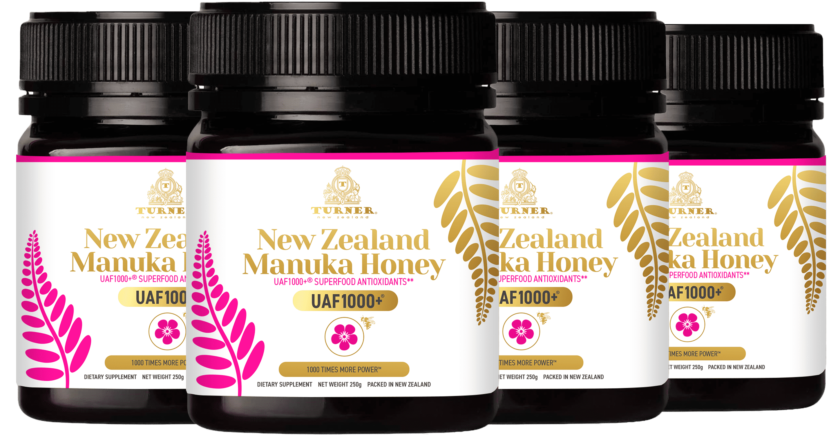 Turner New Zealand Manuka Honey, 1000x Power, Certified with UAF1000+ Antioxidants, Improves Digestion & Immune Support, 4 Jars