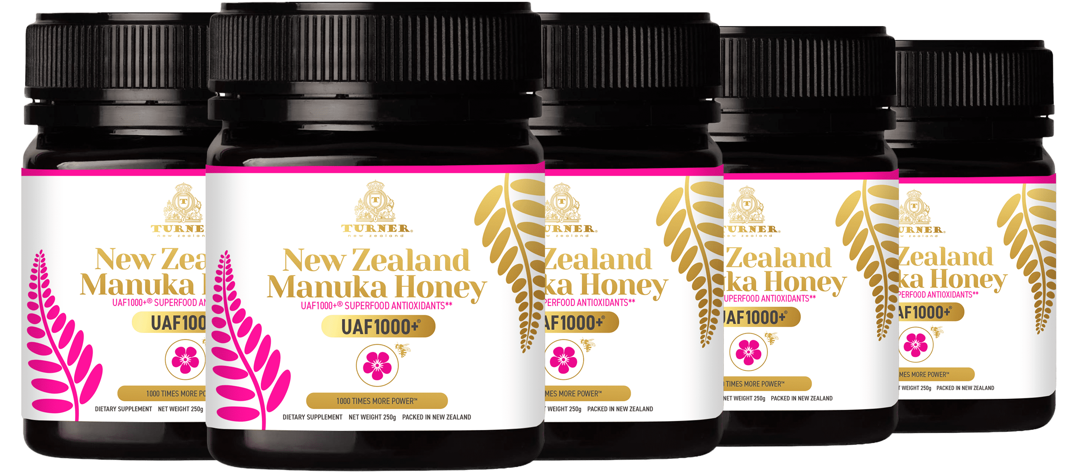 Turner New Zealand Manuka Honey, 1000x Power, Certified with UAF1000+ Antioxidants, Improves Digestion & Immune Support, 5 Jars