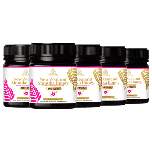 Turner New Zealand Manuka Honey, 1000x Power, Certified with UAF1000+ Antioxidants, Improves Digestion & Immune Support, 5 Jars