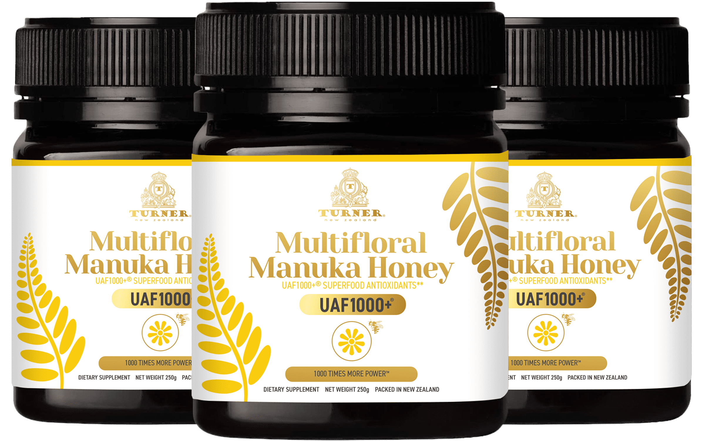 Turner New Zealand Multifloral Manuka Honey, Certified with UAF1000+ Antioxidants, Superfood Antioxidants Supplement, 3 Jars