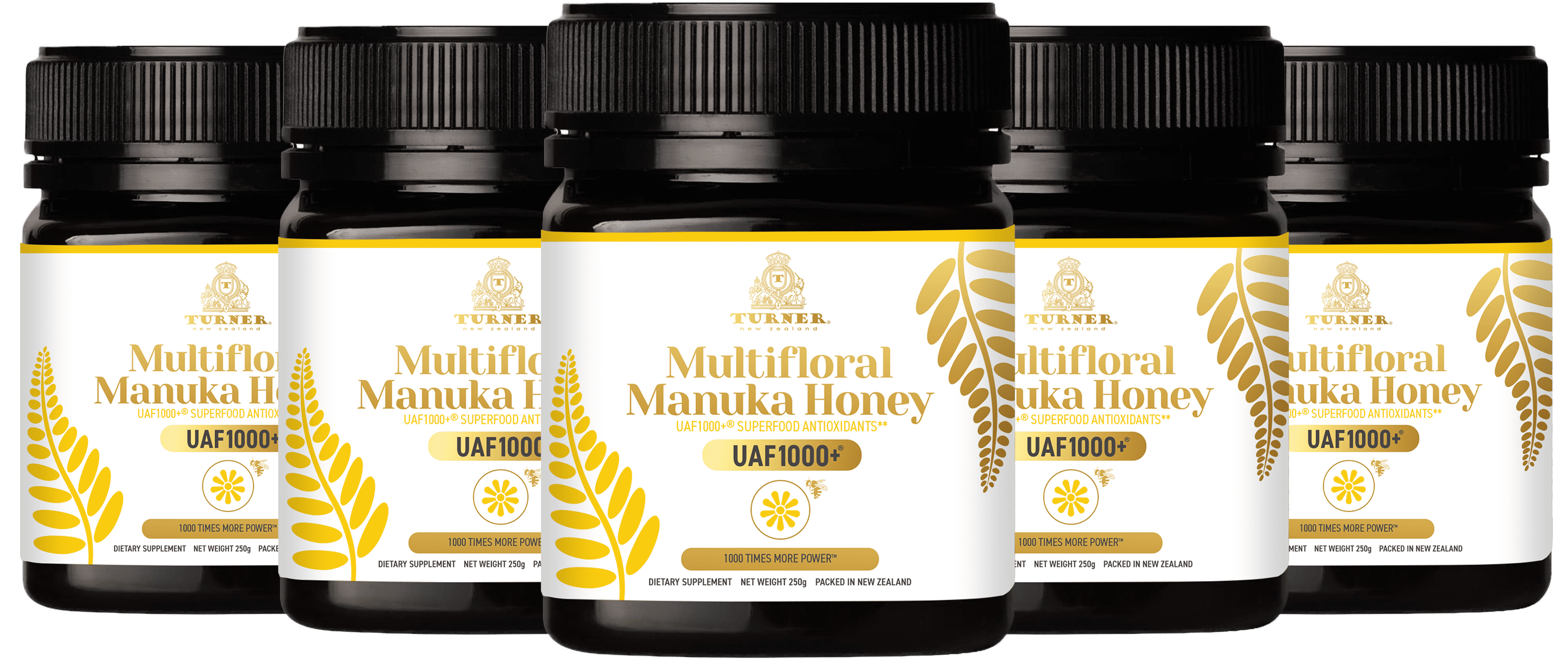 Turner New Zealand Multifloral Manuka Honey, Certified with UAF1000+ Antioxidants, Superfood Antioxidants Supplement, 5 Jars