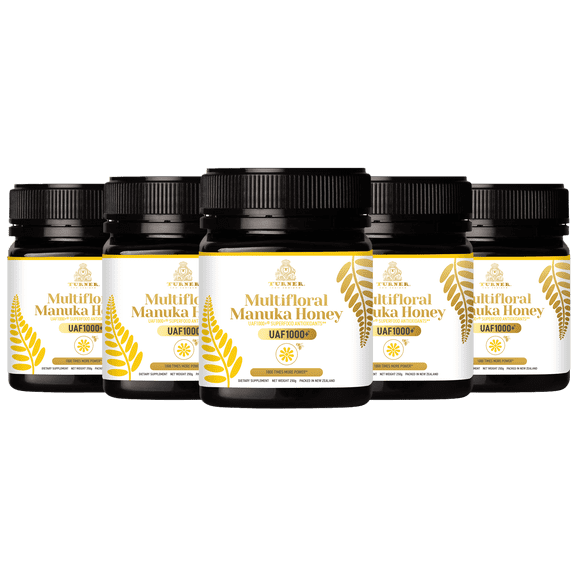 Turner New Zealand Multifloral Manuka Honey, Certified with UAF1000+ Antioxidants, Superfood Antioxidants Supplement, 5 Jars