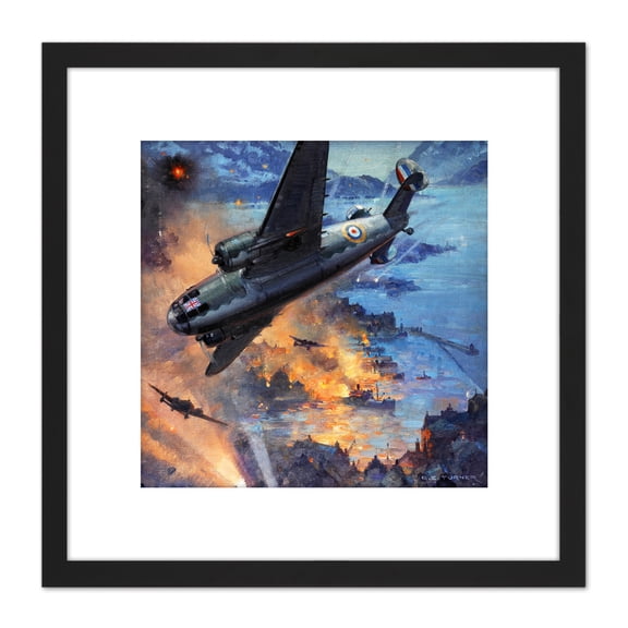 Turner War WWII Hudson Bombers Raid Painting 8X8 Inch Square Wooden Framed Wall Art Print Picture with Mount