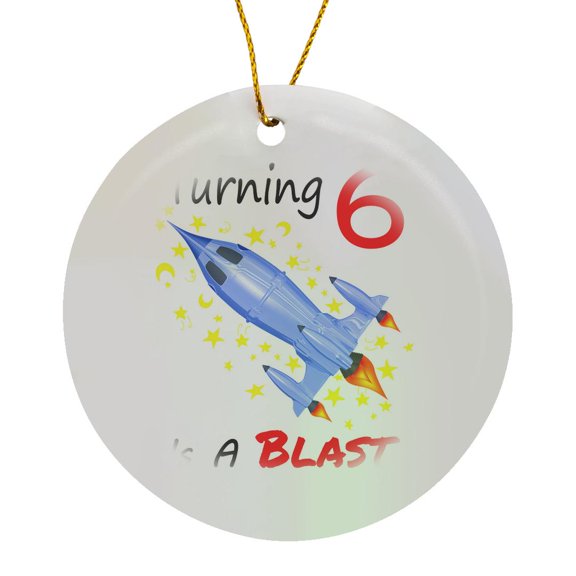 3drose, Turning 6 Is a Blast Awesome Rocket for Any Kid Sixth Birthday, Circle Porcelain Ornament